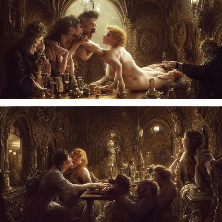 Opulent Renaissance-themed painting with figures in lavish costumes and a central nude figure in a decadent setting