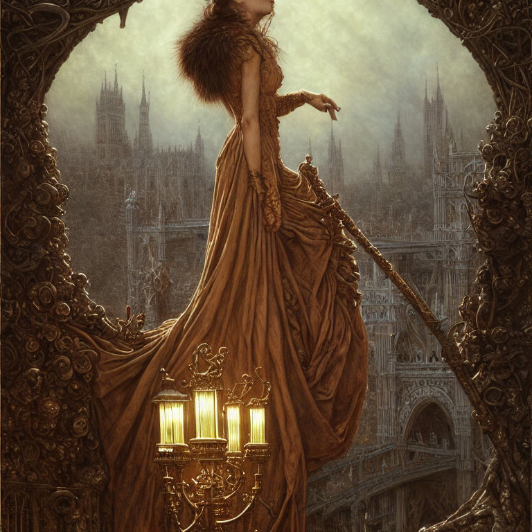 Elaborate golden dress woman in gothic architectural background