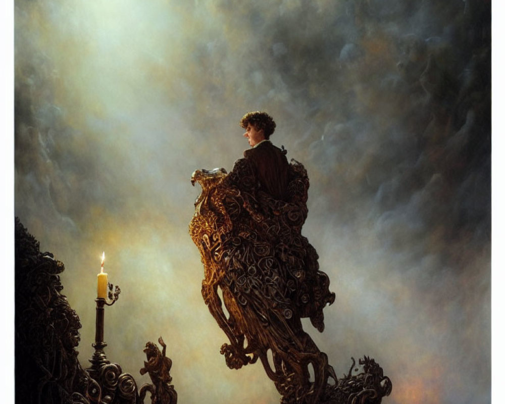 Person on Baroque Structure with Bird in Mystical Setting