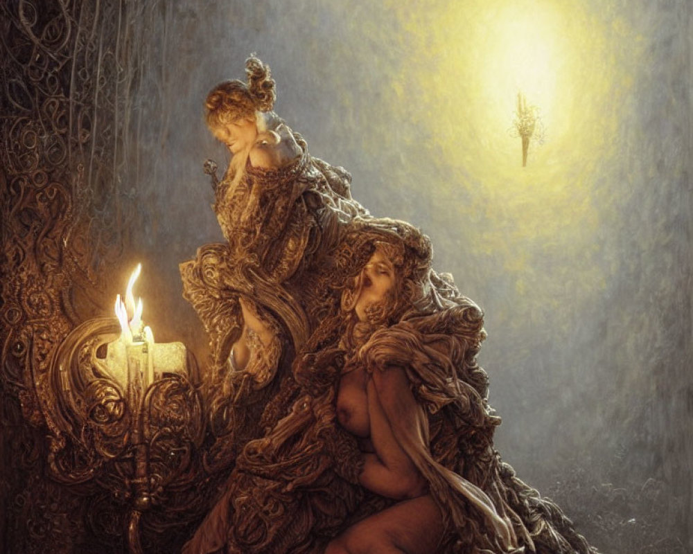 Two women in baroque attire in ethereal setting with candle and glowing orb