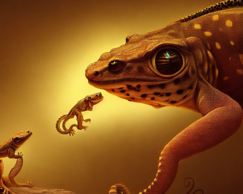 Detailed digital artwork of large gecko with two smaller geckos on warm amber background