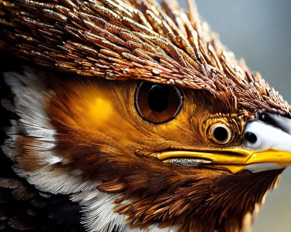 Detailed close-up of bird with brown and golden plumage and sharp beak