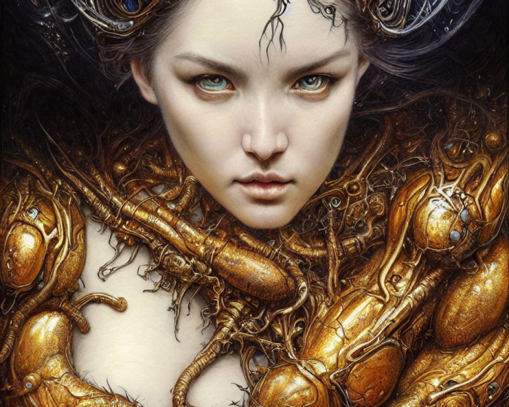 Intricate artwork of woman with blue eyes and golden mechanical details