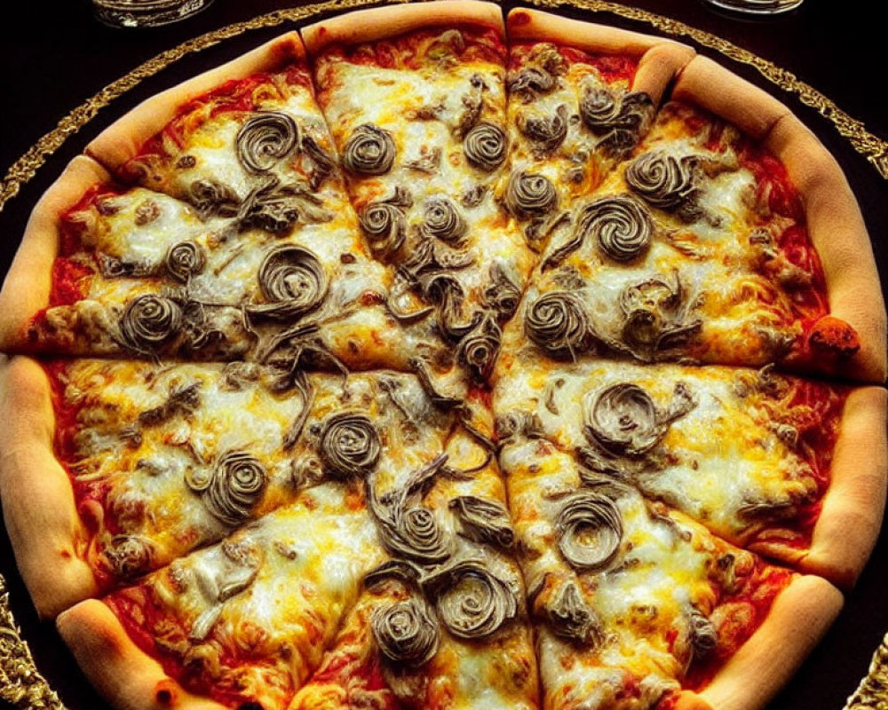 Circular cheese pizza with assorted toppings on wooden table with glowing candles