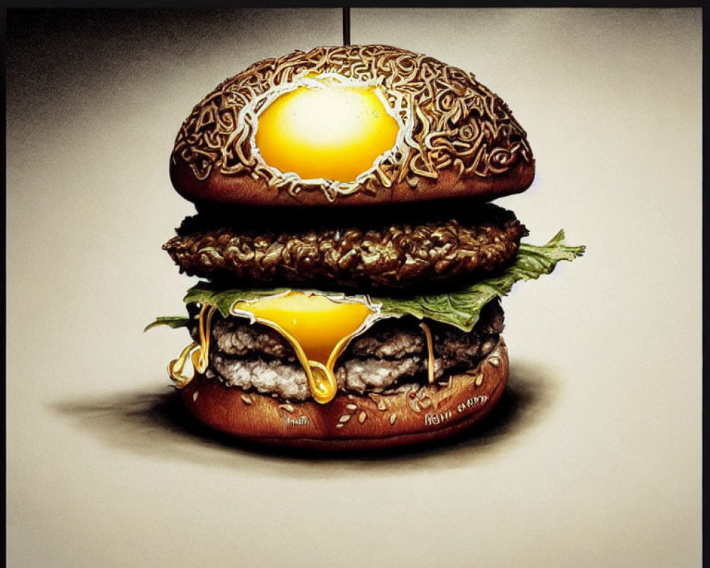 Detailed hyper-realistic drawing of layered burger with eggs, cheese, and lettuce on dark background