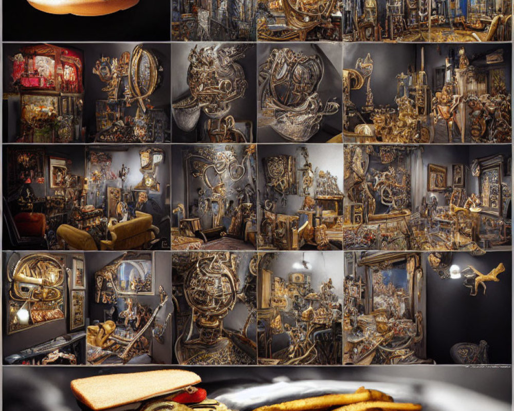 Steampunk-style interiors, mechanical devices, and food items collage.