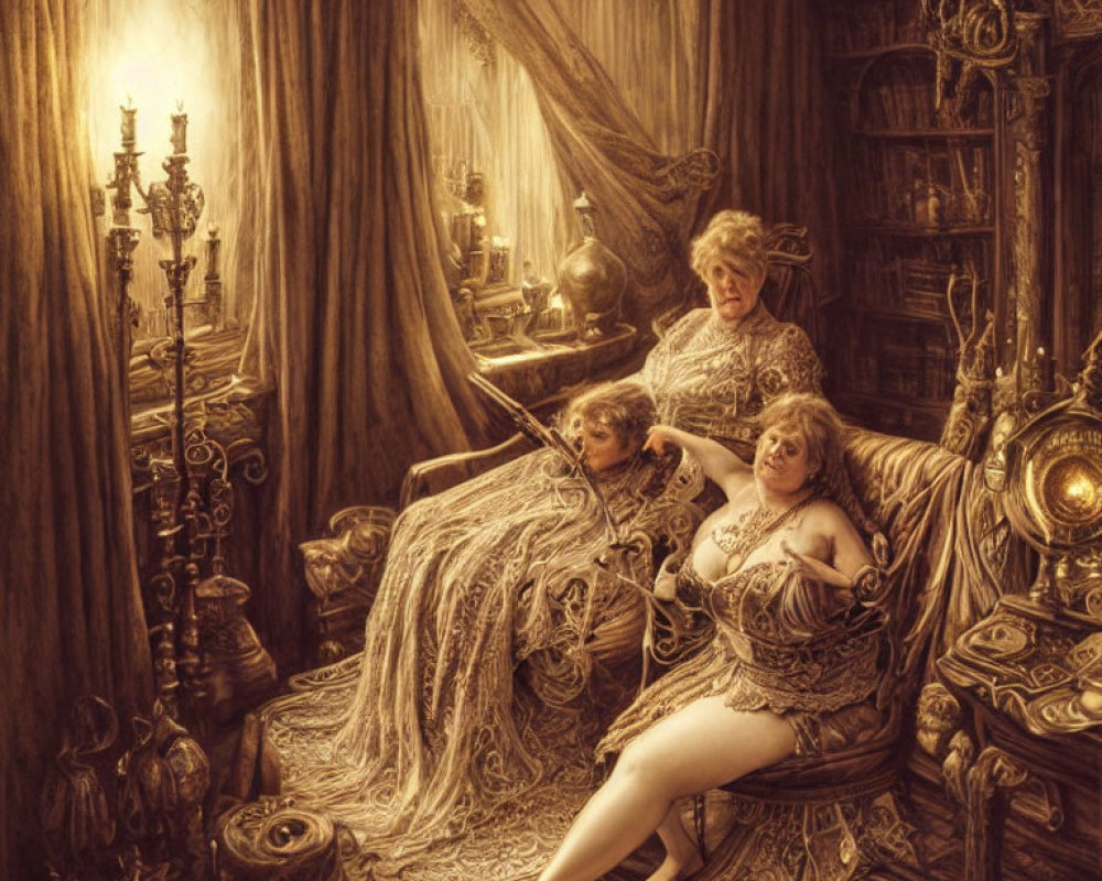 Opulent candlelit interior with three women in vintage attire