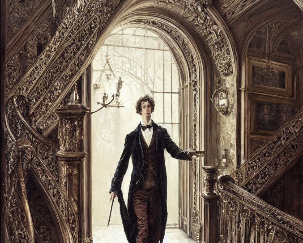 Young man descending ornate staircase in vintage interior