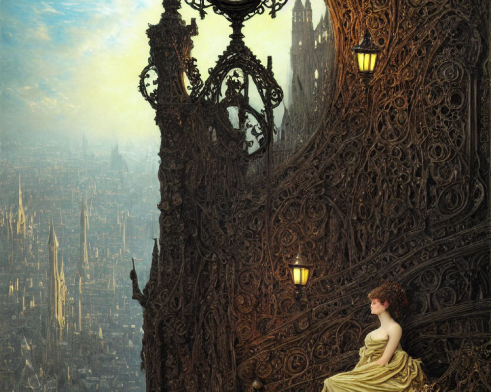 Woman in Yellow Dress on Ornate Balcony Overlooking Gothic Cityscape at Dusk