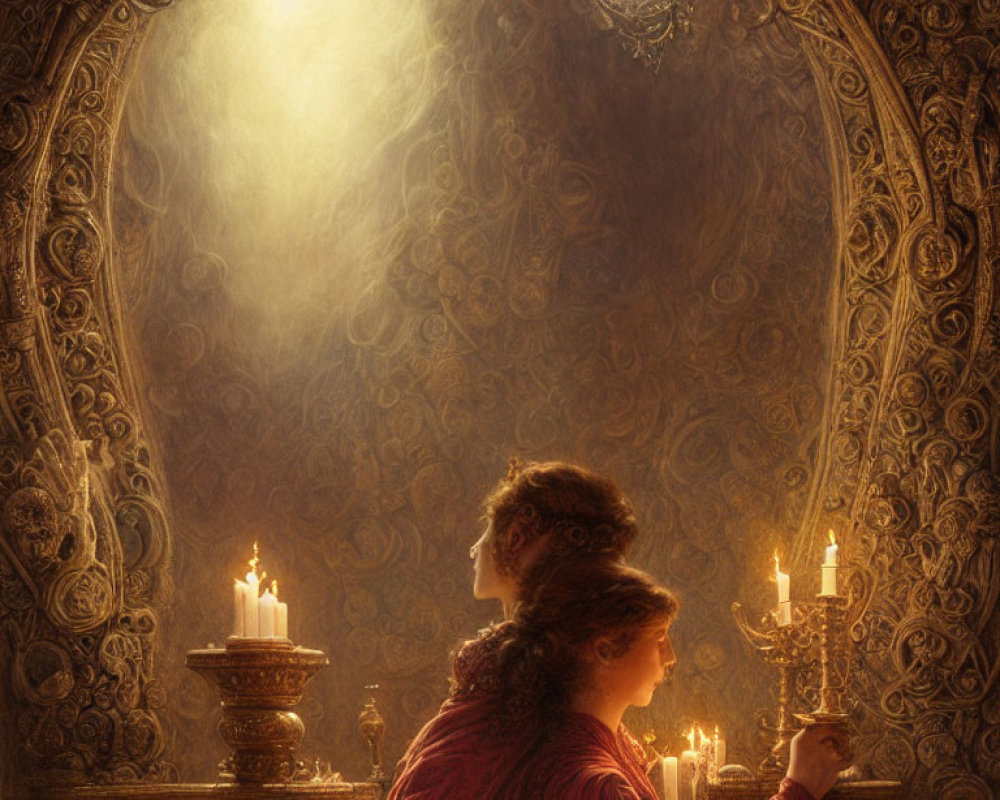 Period-dressed individuals admiring luminous arch in ornate, candlelit room