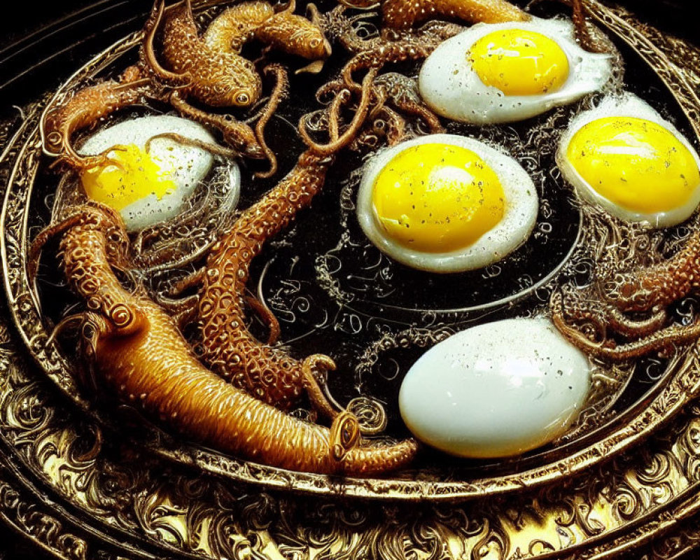 Golden octopus tentacles and sunny-side-up eggs on ornate dish.