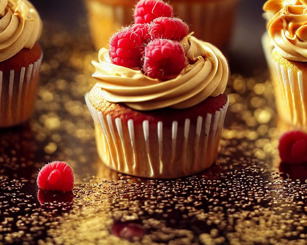 Delicious Golden Frosted Cupcakes with Fresh Raspberries