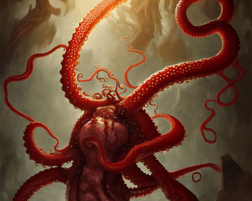 Detailed Illustration of Giant Red Octopus with Sprawling Tentacles in Dramatic Warm Lighting