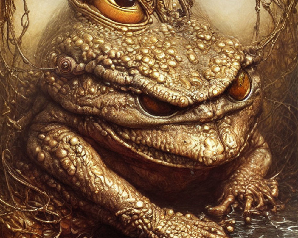 Detailed realistic illustration of a golden-eyed toad in a reed-like setting