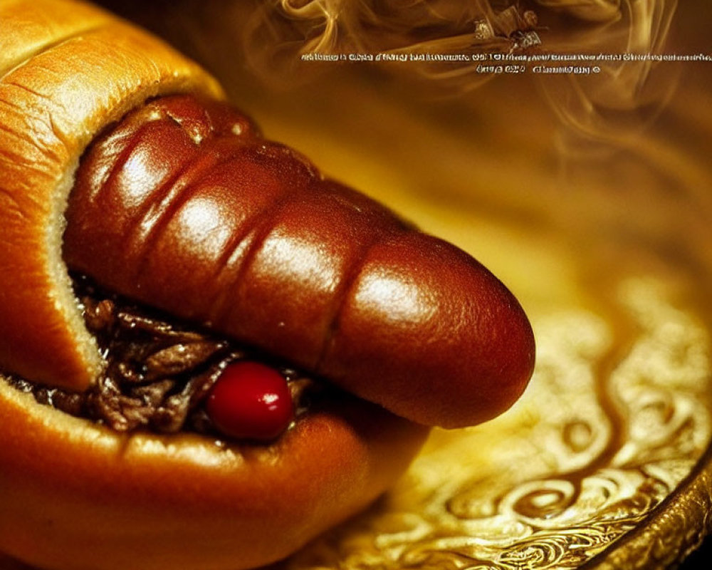 Close-up of glossy hot dog on ornate plate with red condiment