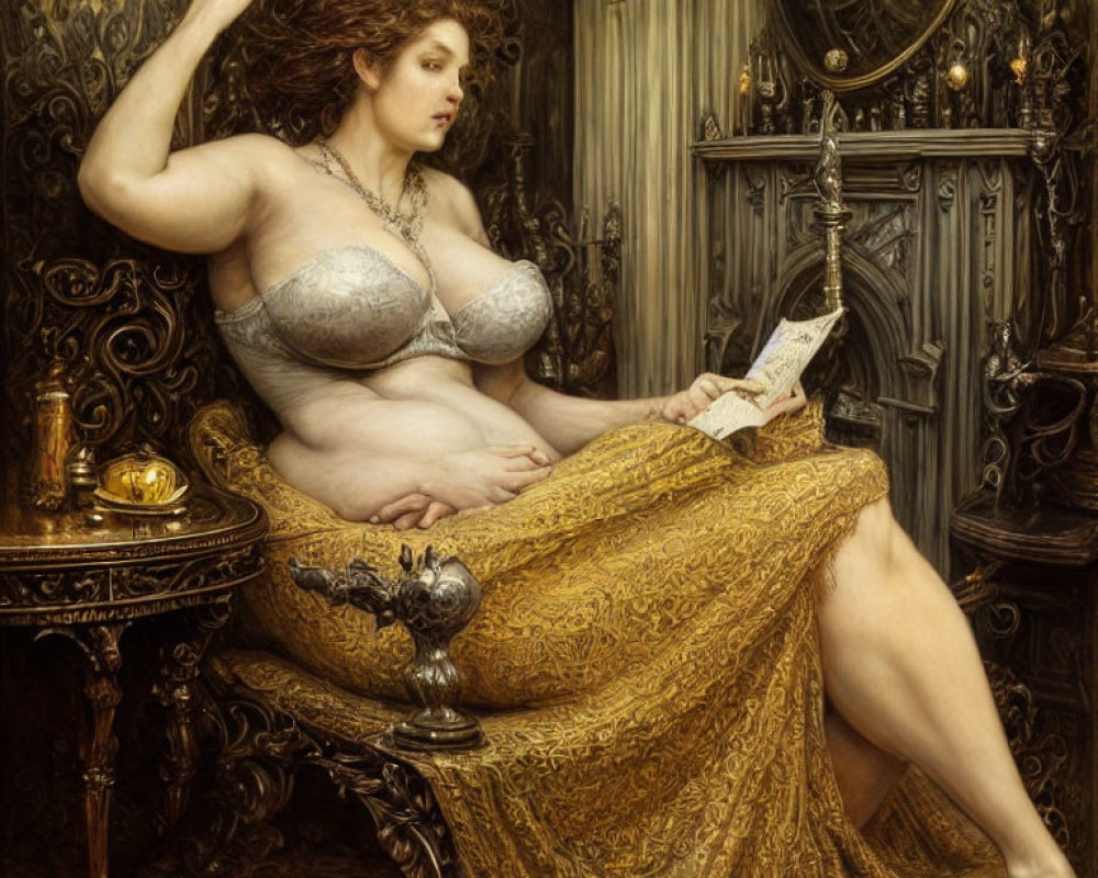 Reclining woman with auburn hair reading in ornate Gothic room