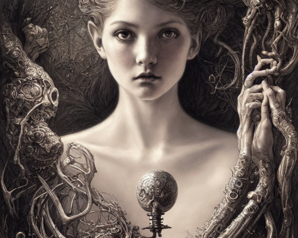 Monochrome fantasy art of young woman with organic ornamentation and entwined branches, emitting ethereal