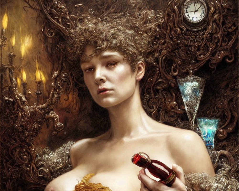 Curly-haired woman with red bottle in baroque fantasy setting