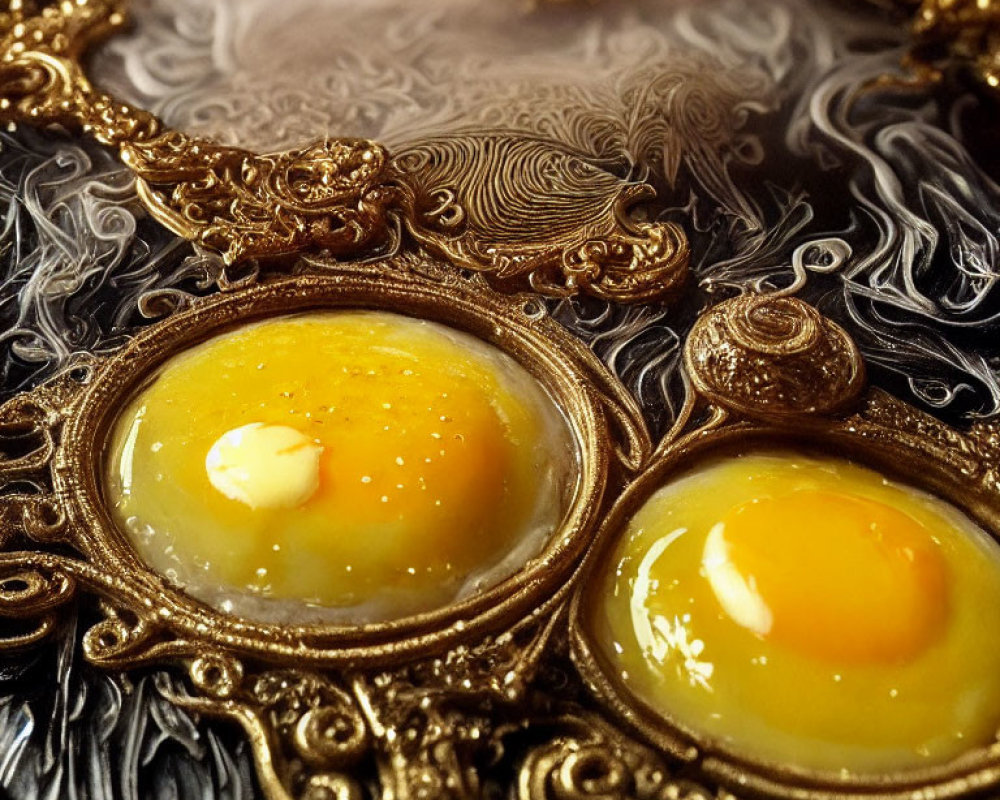 Vintage skillet frying two eggs with elaborate patterns and steam.