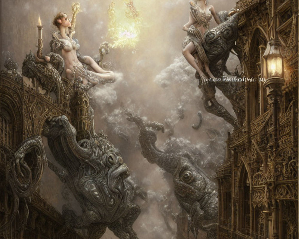 Artistic depiction of winged women on elephant-headed flying structures above gothic backdrop