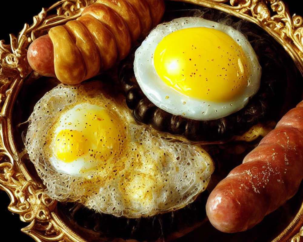 Luxurious breakfast: fried eggs, pepper, sausages on golden plate