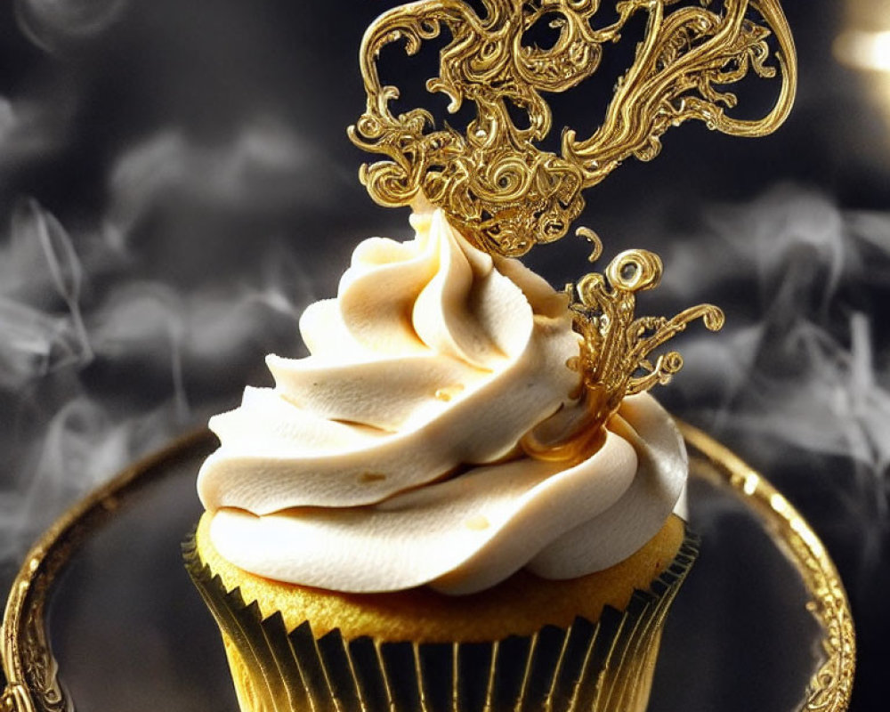 Golden cupcake with filigree topper and creamy swirl frosting in luxurious setting