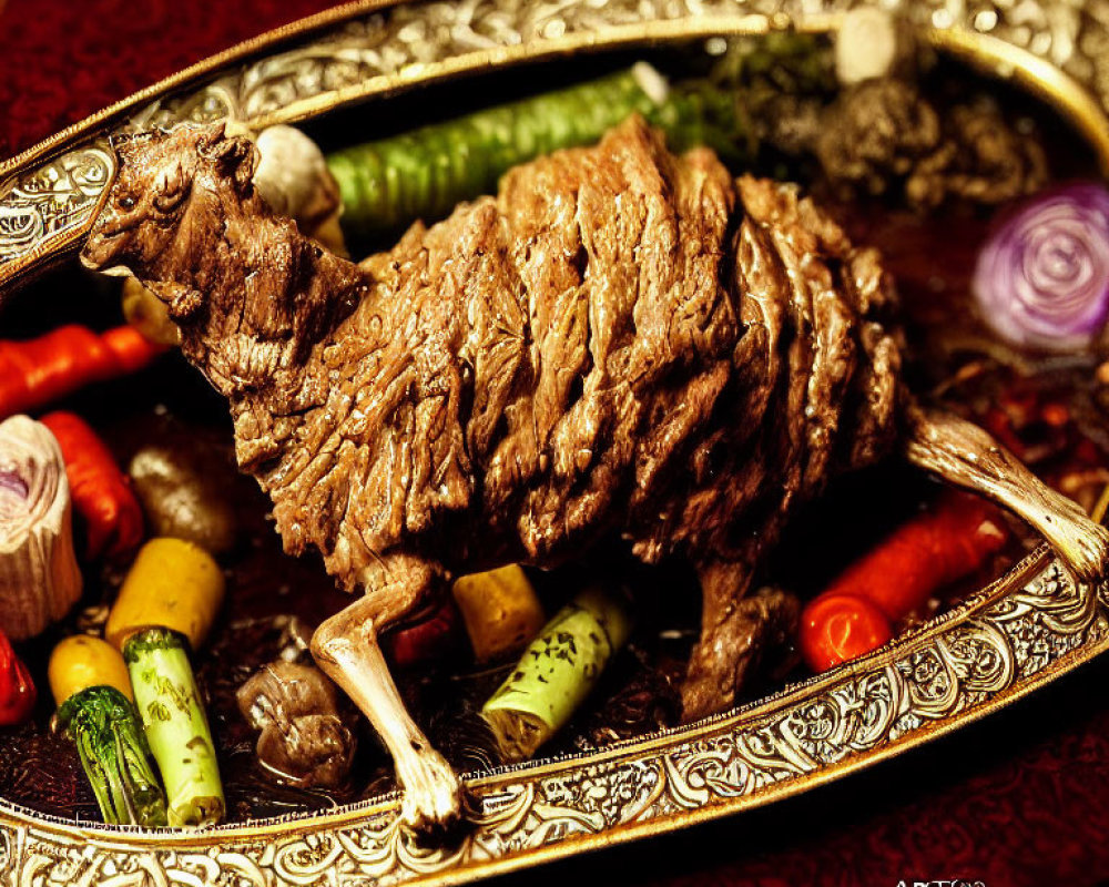 Roasted lamb with grilled vegetables on silver platter and red surface