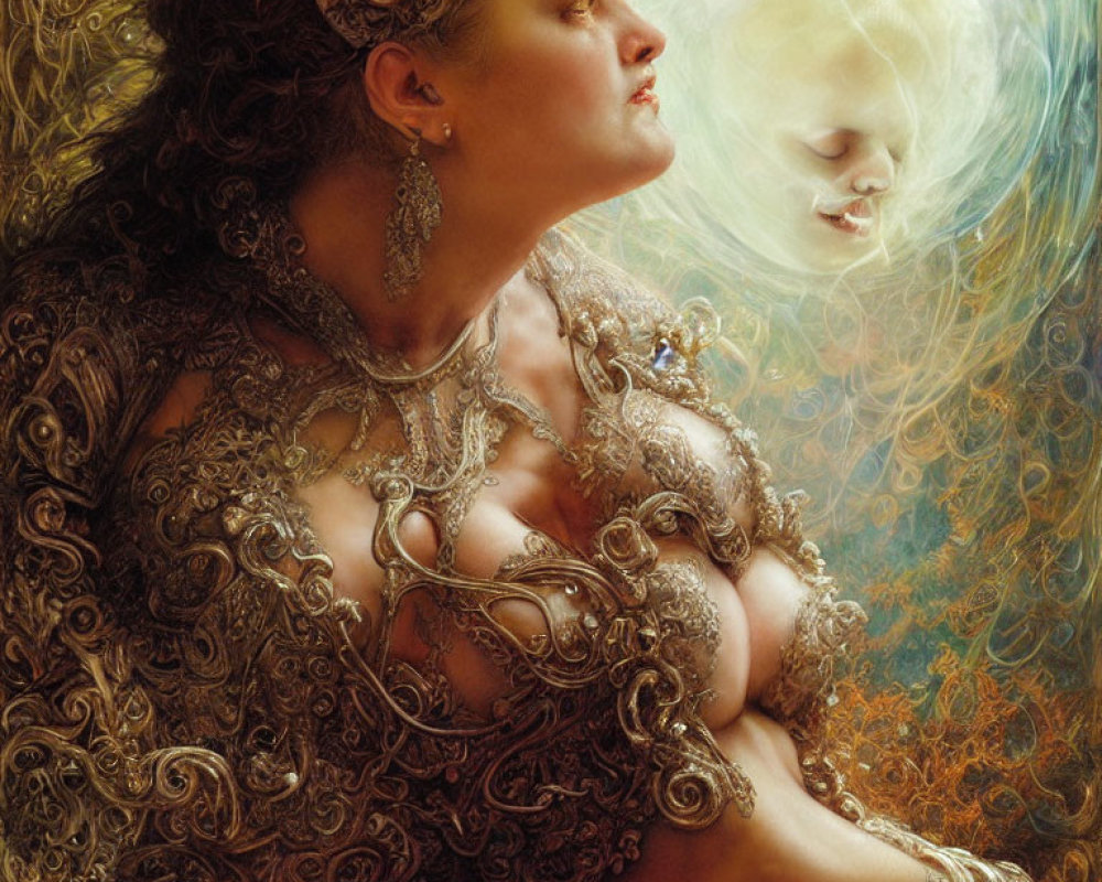 Fantasy artwork: Woman in golden attire with ethereal face in swirling patterns