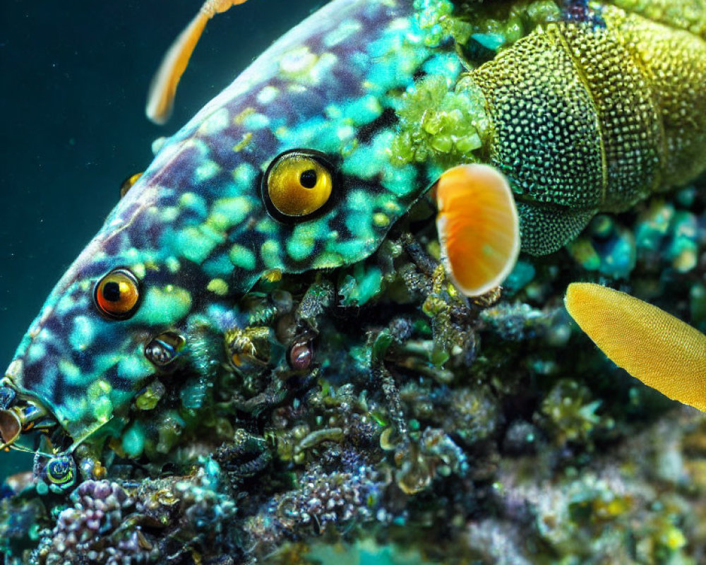 Vibrant peacock mantis shrimp on coral reef with colorful patterns