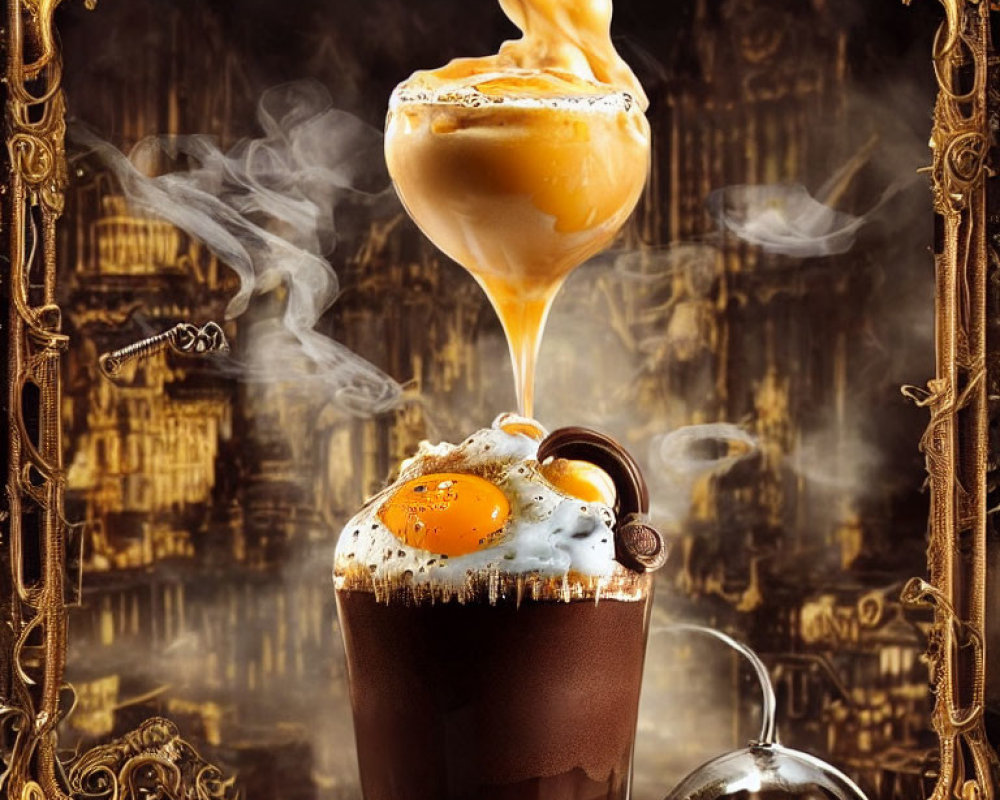 Surrealist image: Coffee cup with egg, steam, caramel