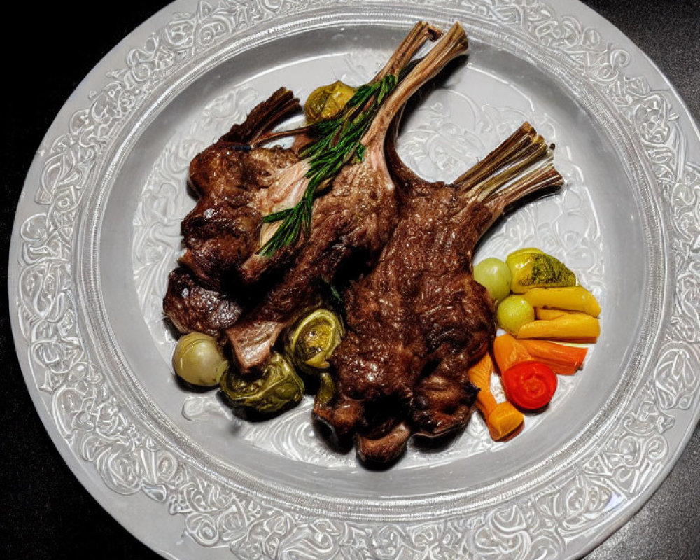 Roasted lamb chops with rosemary and roasted vegetables on white plate