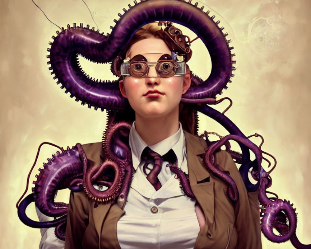 Steampunk-inspired illustration of person with tentacles for hair wearing goggles and brown jacket