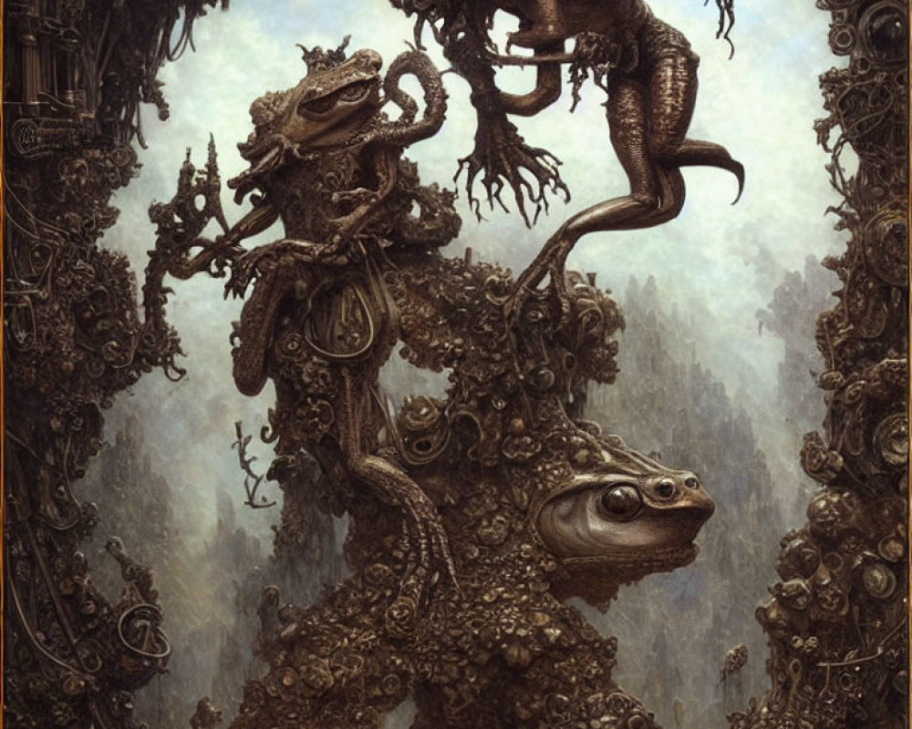 Surreal Frog-Like Creatures in Ornate Mechanical Forest