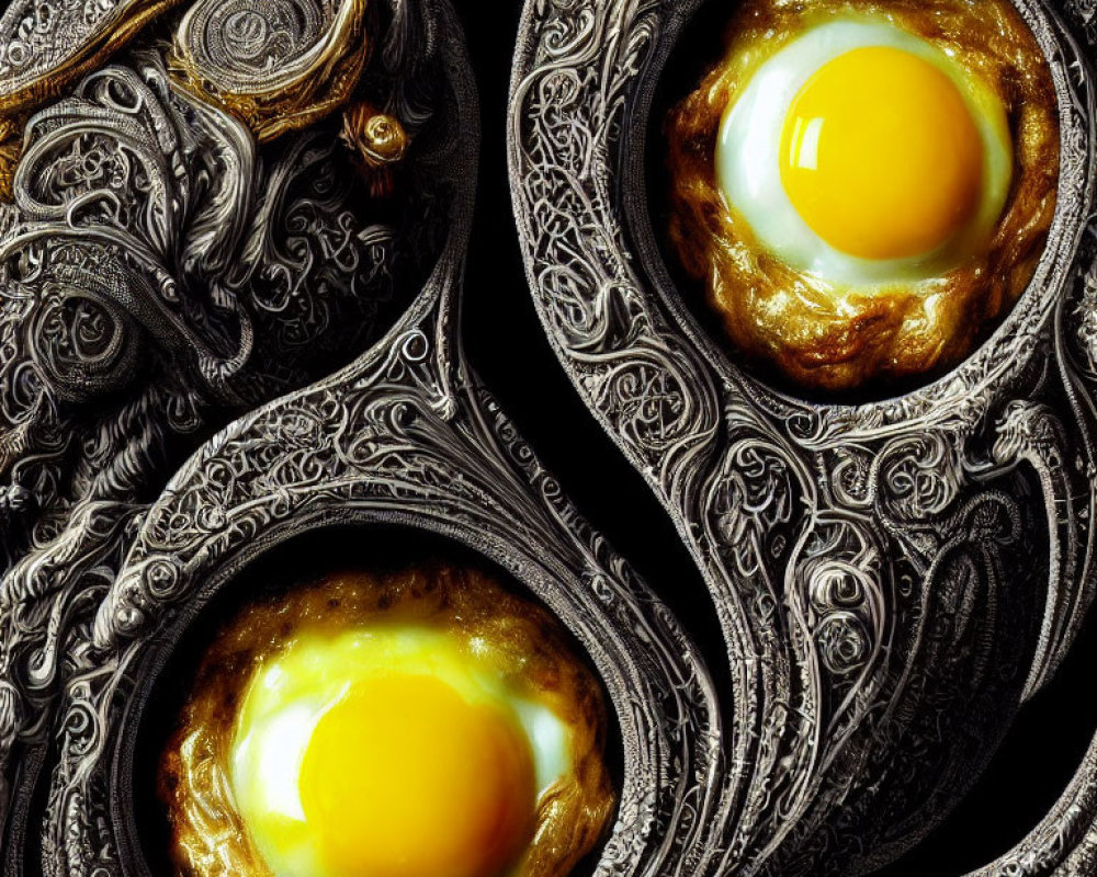 Ornate silver antique filigree pans with sunny-side-up eggs