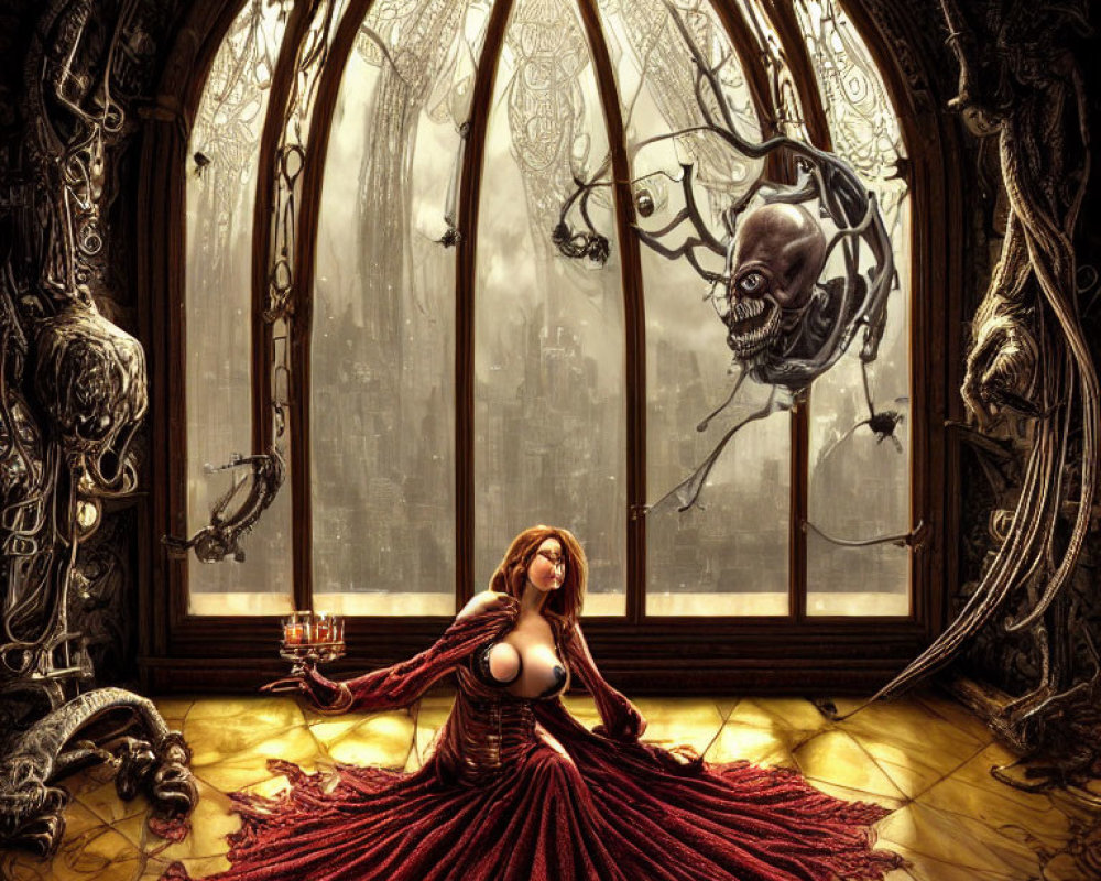 Woman in Red Dress Surrounded by Fantastical Creatures and Gothic Window