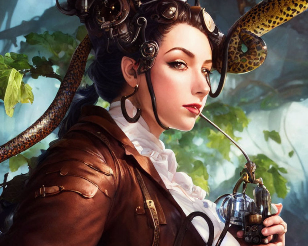 Steampunk-inspired woman with mechanical headset, goggles, pipe, leopard, and jungle foliage.