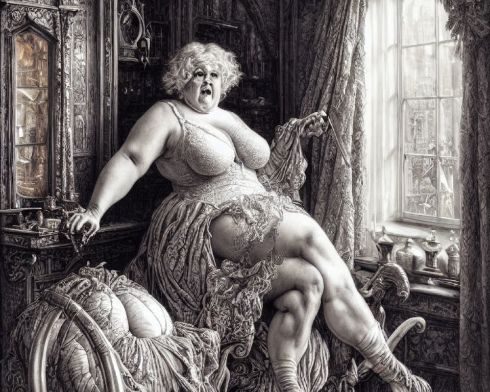 Monochrome illustration: Shocked woman in historical undergarments on ornate chair