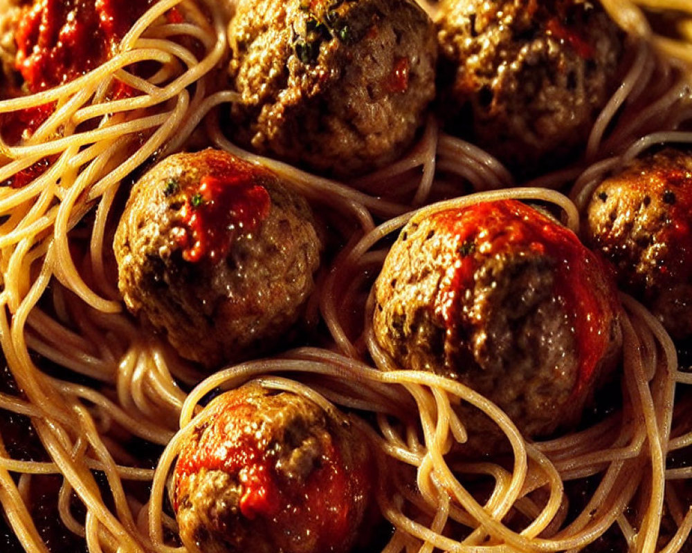 Savory spaghetti with meatballs and tomato sauce close-up