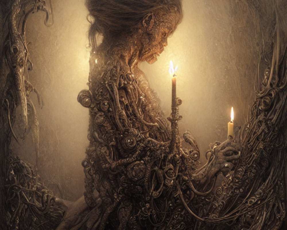 Aged figure holding lit candle in ornate sepia-toned scene