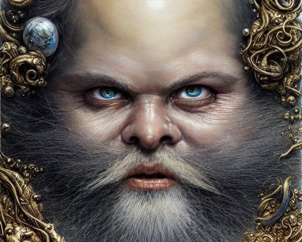 Detailed portrait of figure with blue eyes, gray beard, and golden filigree.