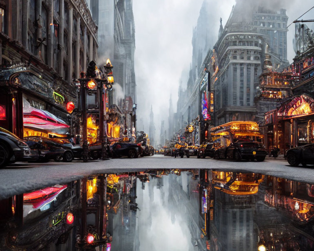 City street at dusk with vintage lighting, reflections, classic cars - retro-futuristic ambiance.