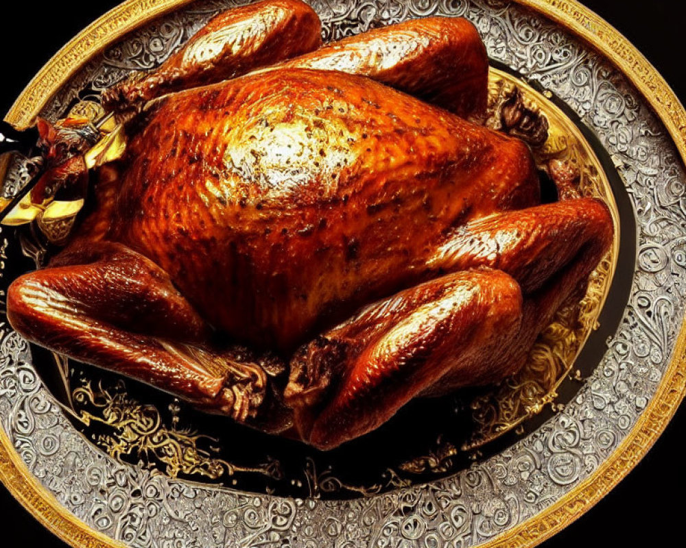 Roasted Turkey on Ornate Silver Platter Dark Background