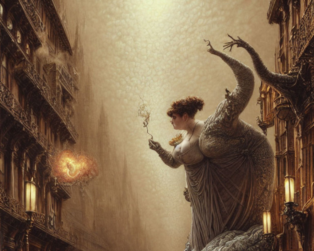 Fantastical woman with dragon-like features in mystical urban alleyway