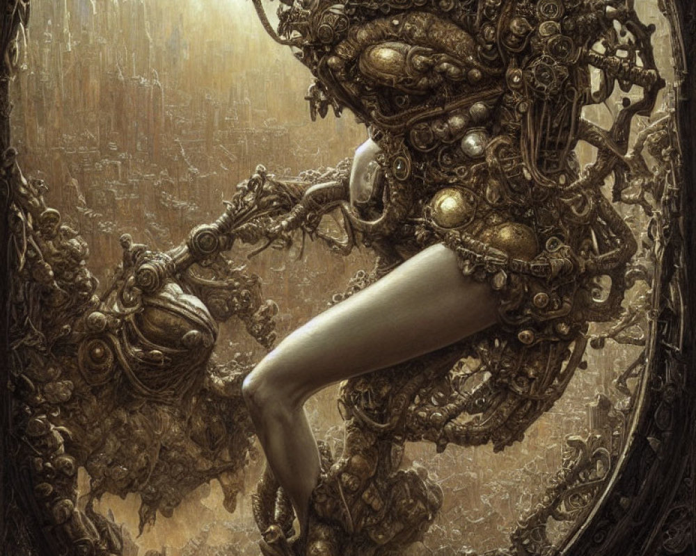 Surreal steampunk-style humanoid figure with mechanical torso in ornate background