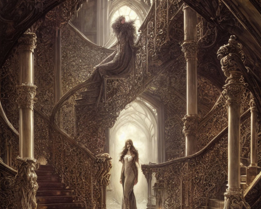 Ethereal figure in flowing gown at base of ornate staircase in gothic room