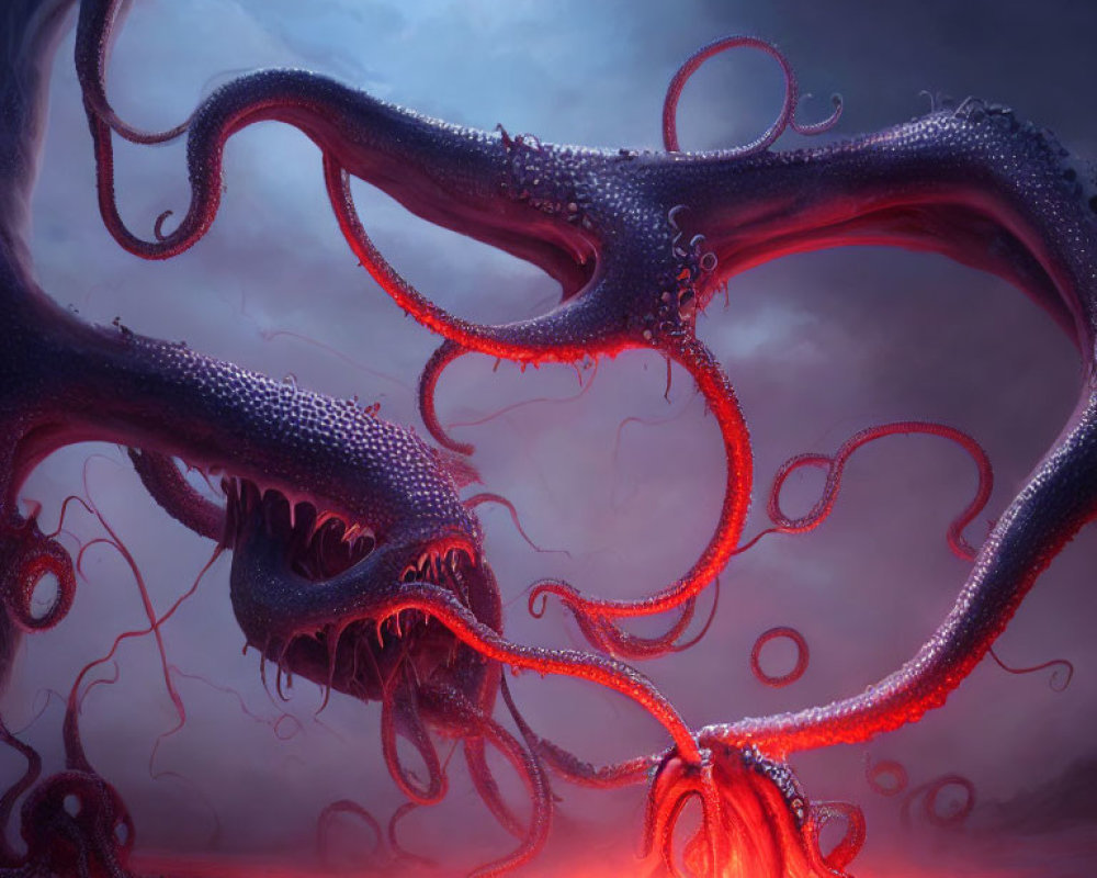 Glowing red tentacles in smoky purple background