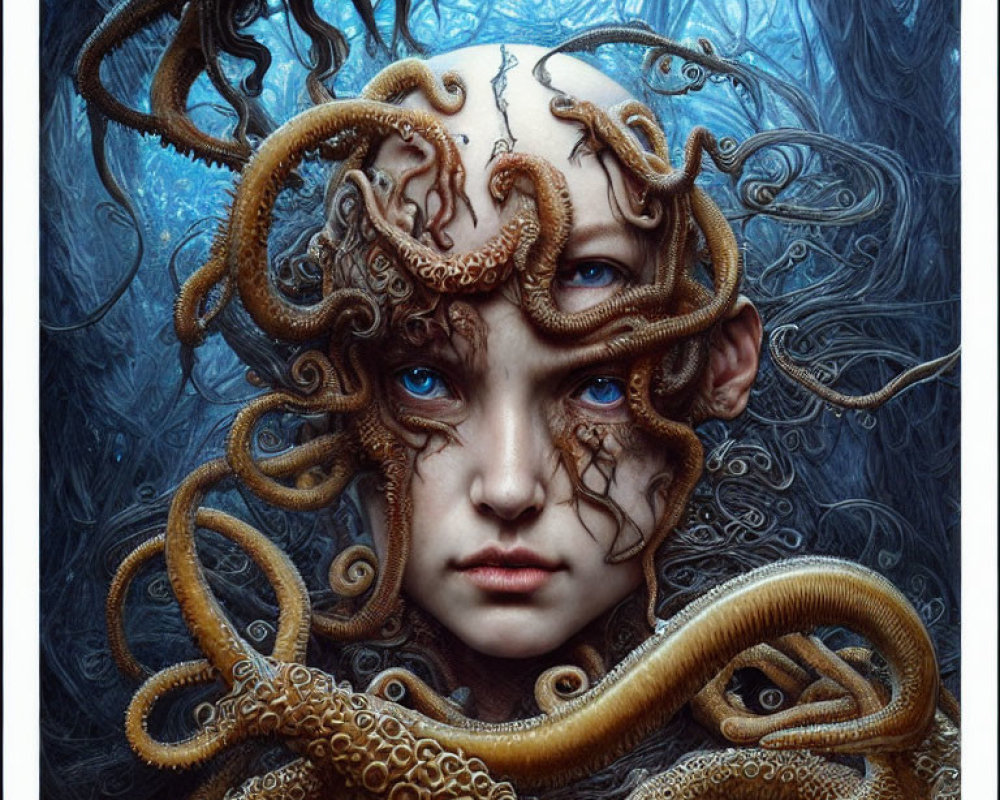 Surreal portrait: person with octopus tentacles on dark blue background