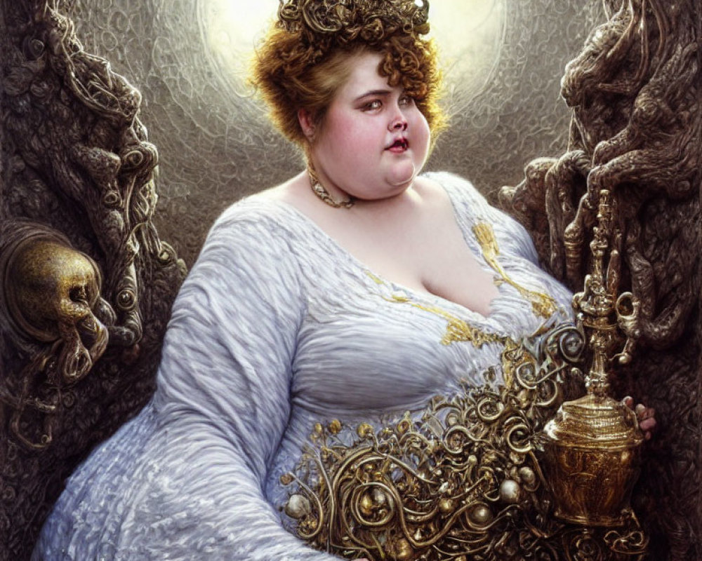 Regal woman in ornate white gown on throne with golden artifact