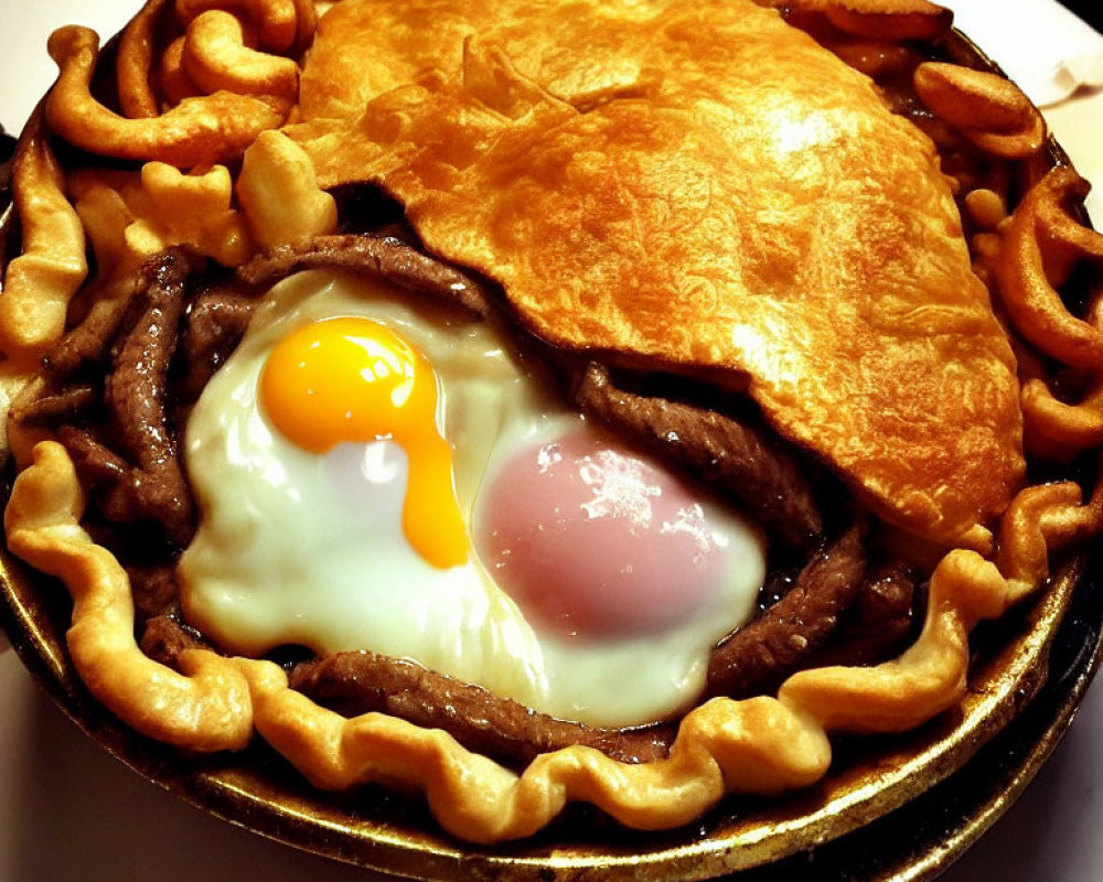 Savory sausage pie with golden crust and egg in skillet