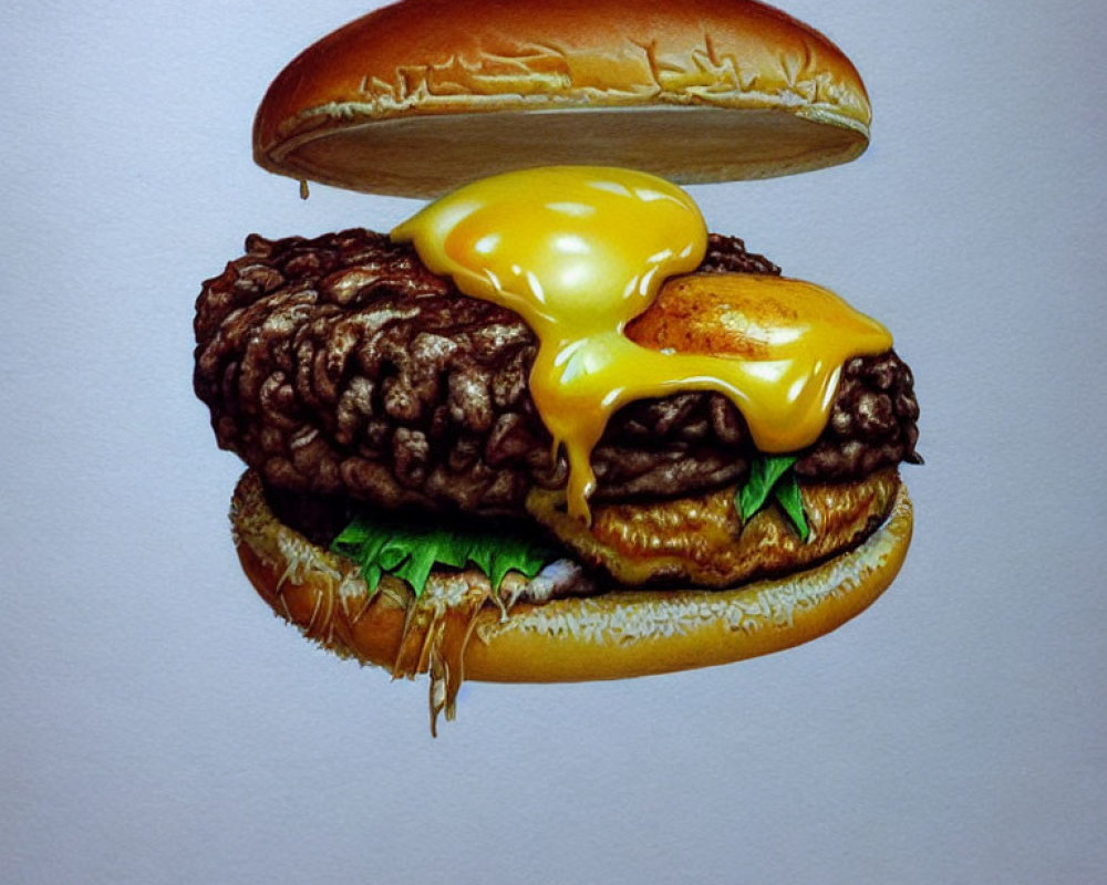 Cheeseburger illustration with melted cheese, beef patty, lettuce, and toasted bun